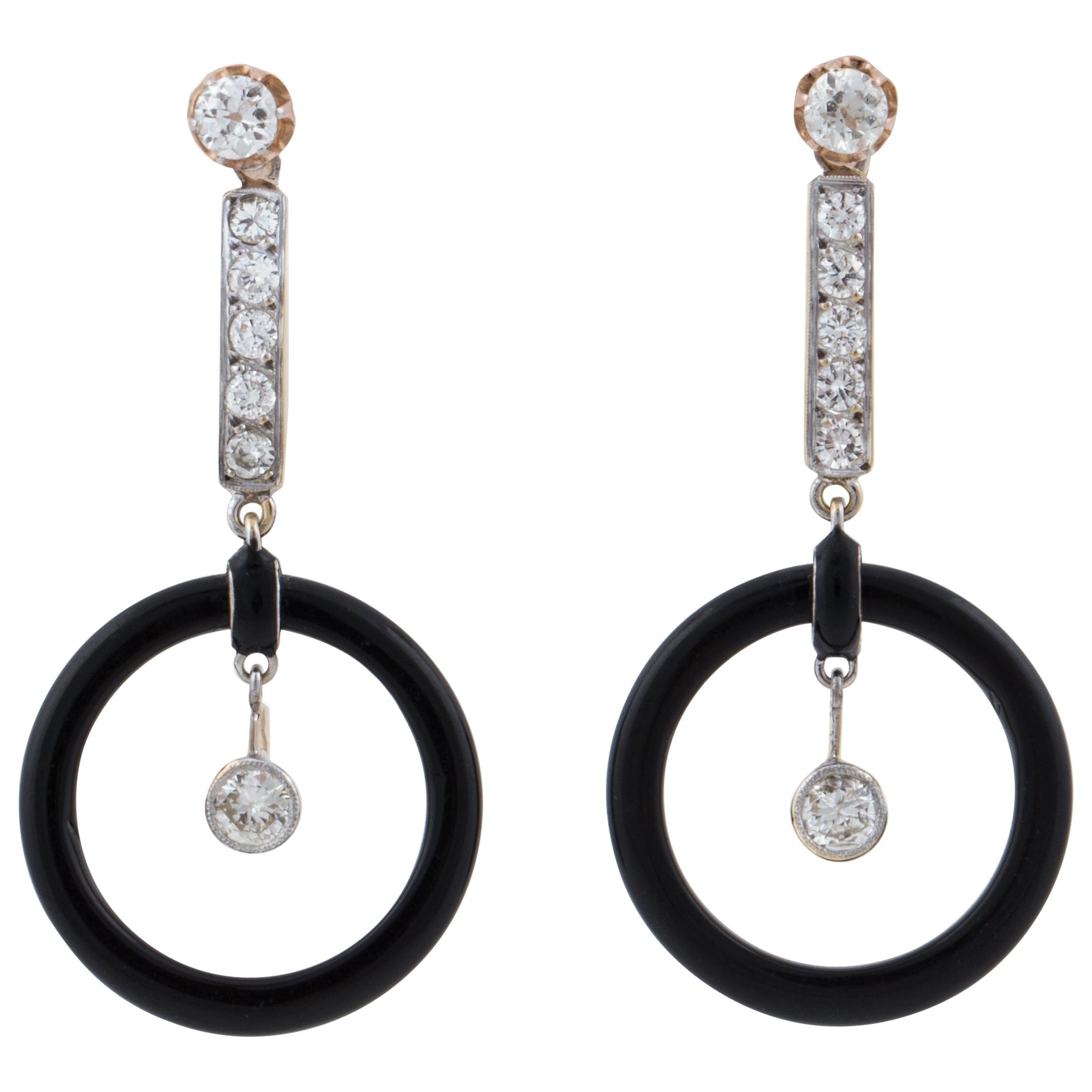 Art Deco Concentric Drop Earrings with Onyx and Diamonds