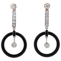 Vintage Art Deco Concentric Drop Earrings with Onyx and Diamonds