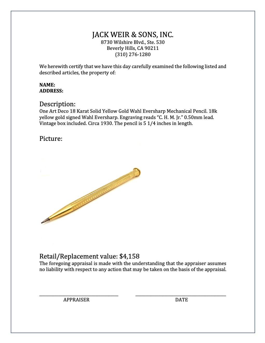 Art Deco 18 Karat massives Gelbgold Wahl Eversharp Mechanischer Bleistift im Angebot 1