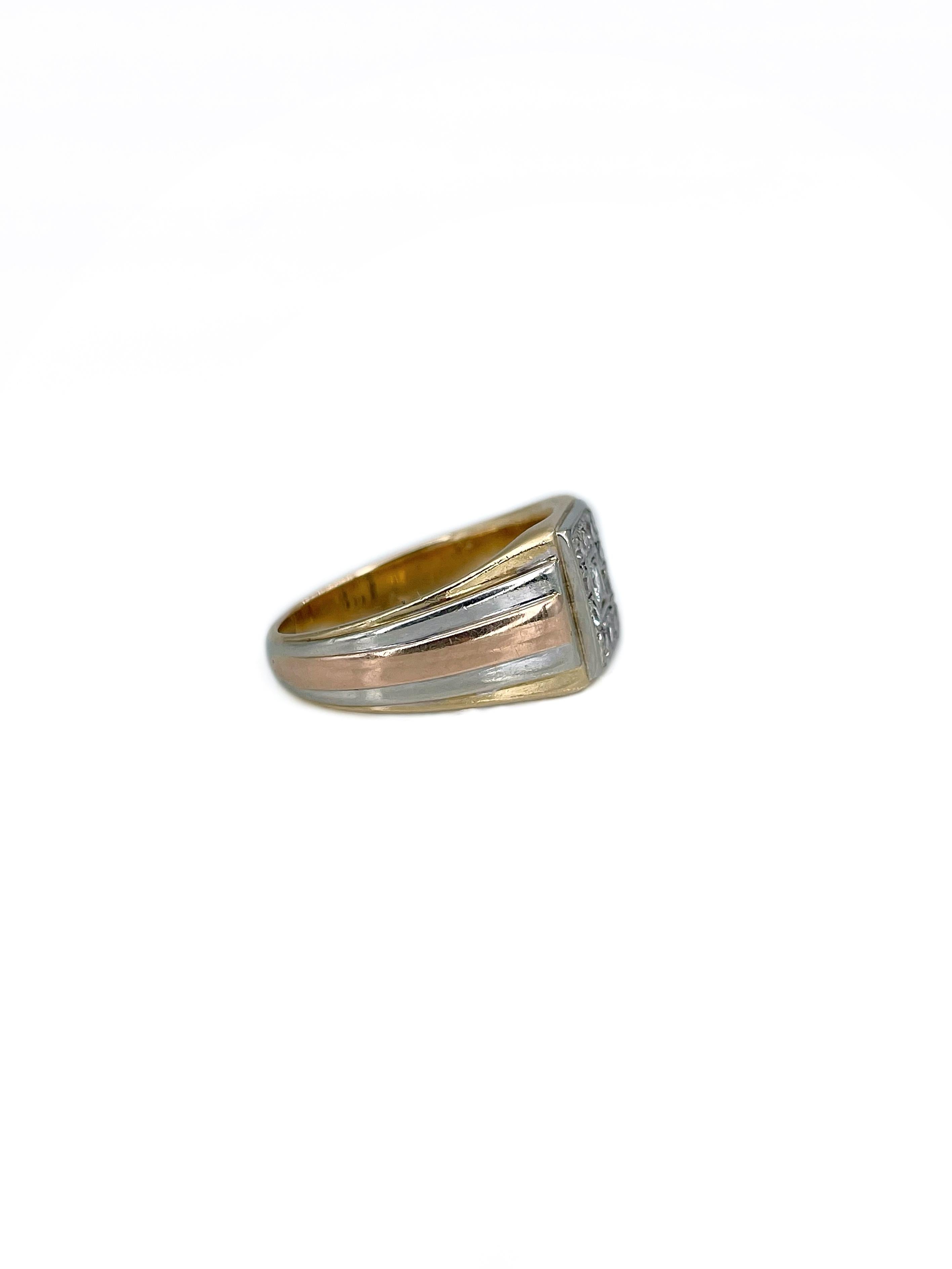 Round Cut Art Deco 18 Karat Tri-Colour Gold 0.29 Carat Diamond Cluster Ring For Sale