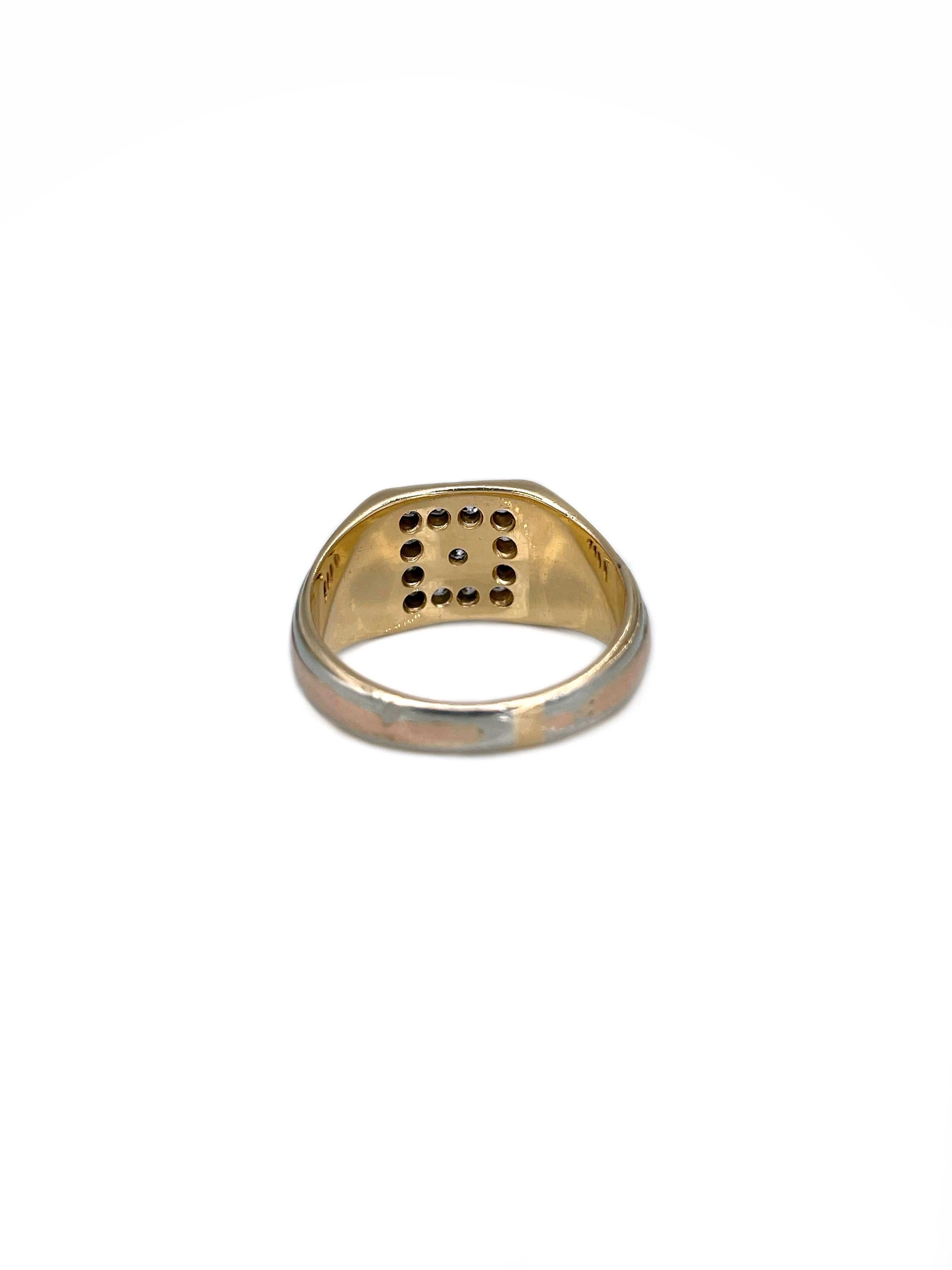 Women's or Men's Art Deco 18 Karat Tri-Colour Gold 0.29 Carat Diamond Cluster Ring For Sale