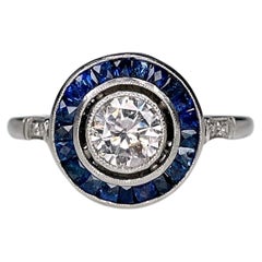 Art Deco 18 Karat White Gold 0.56 Carat Diamond Sapphire Target Cluster Ring 