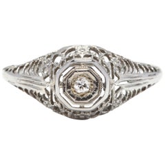 Art Deco 18 Karat White Gold and Diamond Filigree Engagement Ring