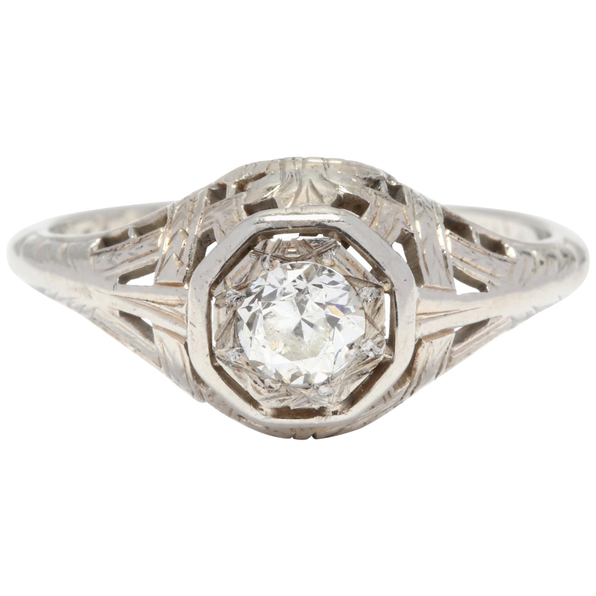 Art Deco 18 Karat White Gold and Diamond Filigree Engagement Ring