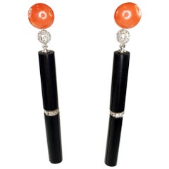 Vintage Art Deco 18 Karat White Gold Coral Diamonds and Onyx Earrings