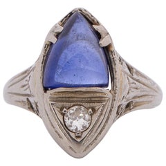 Antique Art Deco 18 Karat White Gold Diamond and Sapphire Cabochon Marquee Style Ring