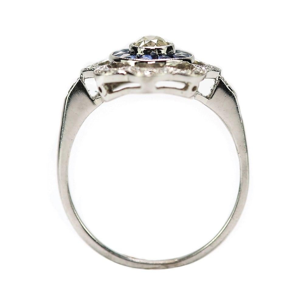 Old European Cut Art Deco 18 Karat White Gold Diamond and Blue Sapphire Daisy Target Ring