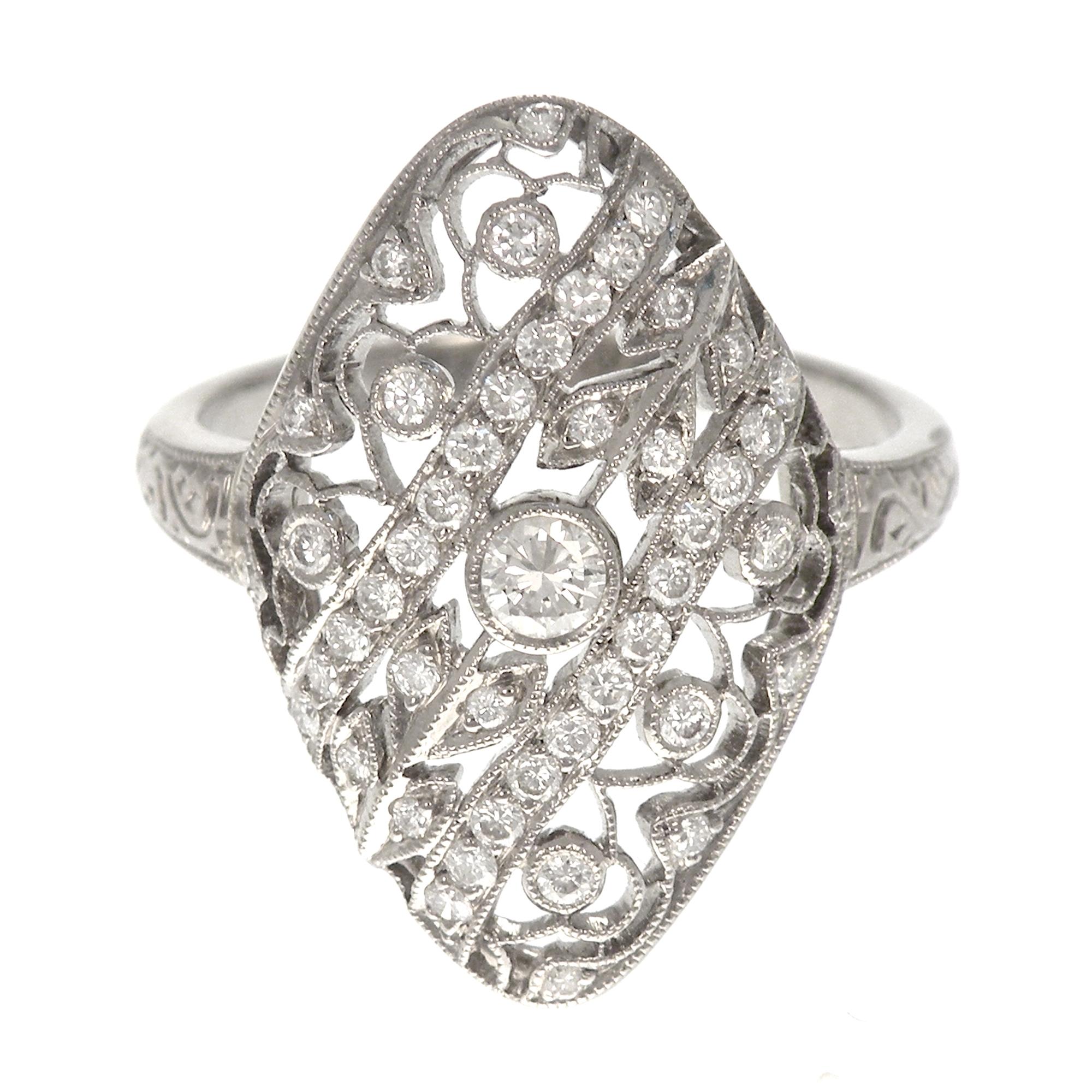 Round Cut Art Deco 18 Karat White Gold Diamond Filigree Ring For Sale