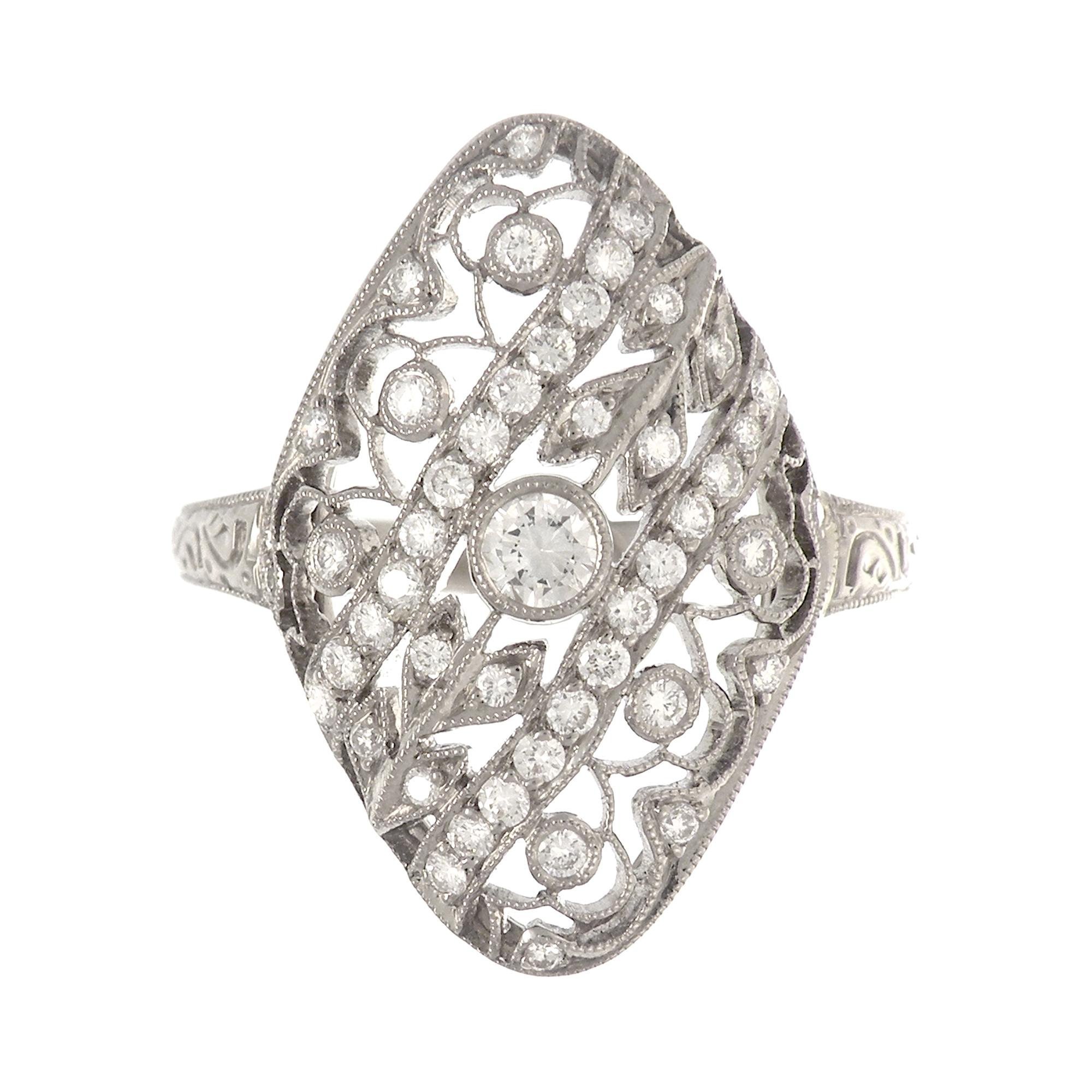 Art Deco 18 Karat White Gold Diamond Filigree Ring For Sale