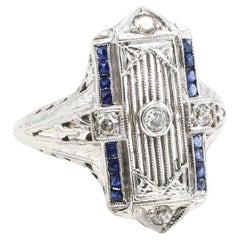 Art Deco 18 Karat White Gold Diamond & Sapphire Filigree Navette Cocktail Ring