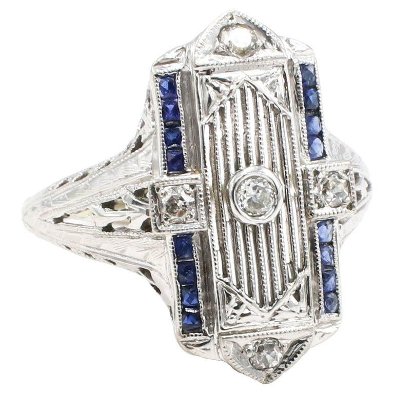 Art Deco 18 Karat White Gold Diamond and Sapphire Filigree Navette ...