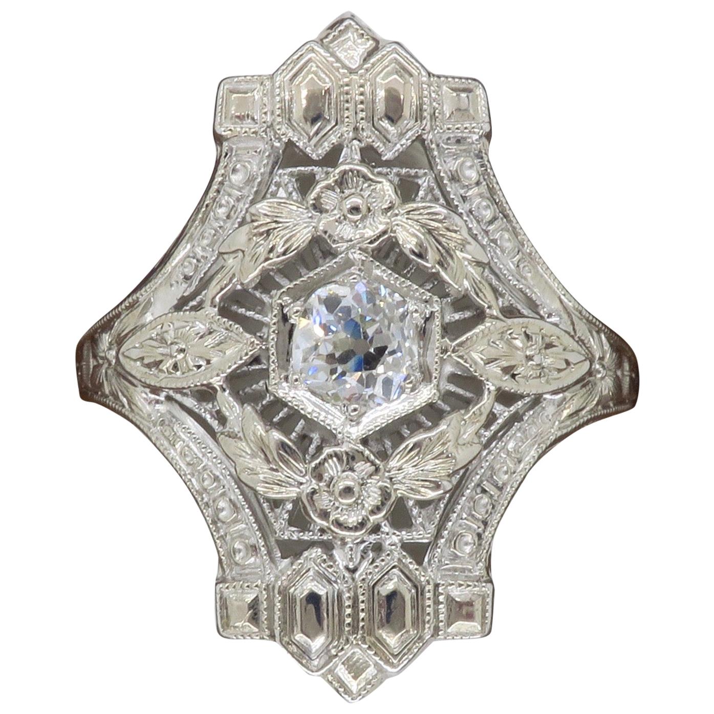 Art Deco 18 Karat White Gold Diamond Shield Ring