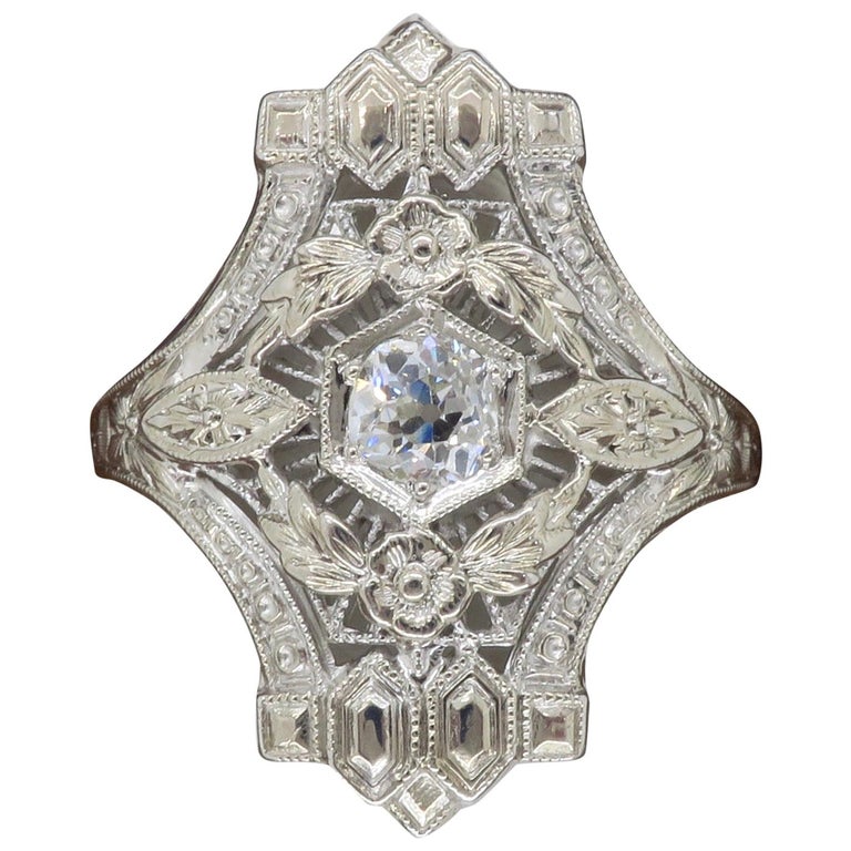 Art Deco 18 Karat White Gold Diamond Shield Ring at 1stDibs