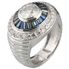 Art Deco 18 Karat White Gold Diamonds and Sapphires Cluster Ring