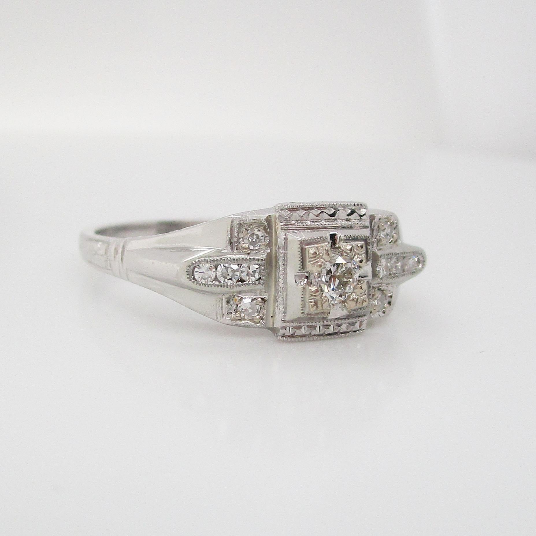 Art Deco 18 Karat White Gold Euro Cut Diamond Engagement Ring In Excellent Condition In Lexington, KY