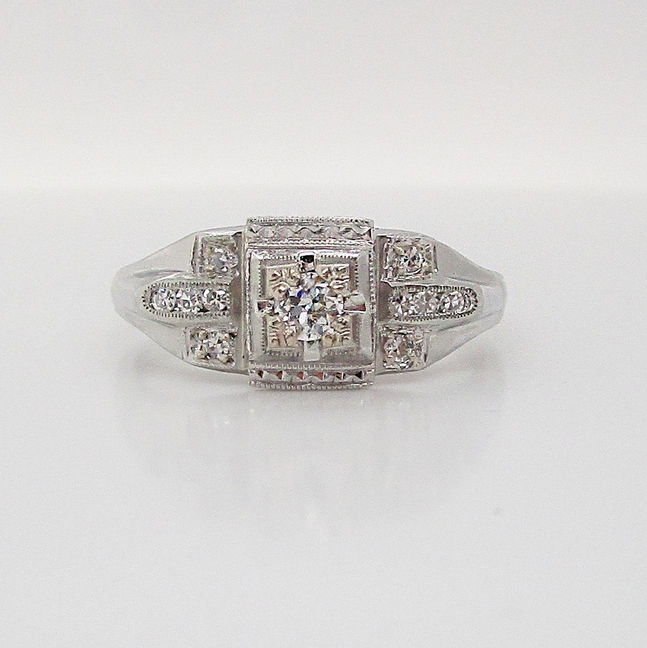 Women's Art Deco 18 Karat White Gold Euro Cut Diamond Engagement Ring