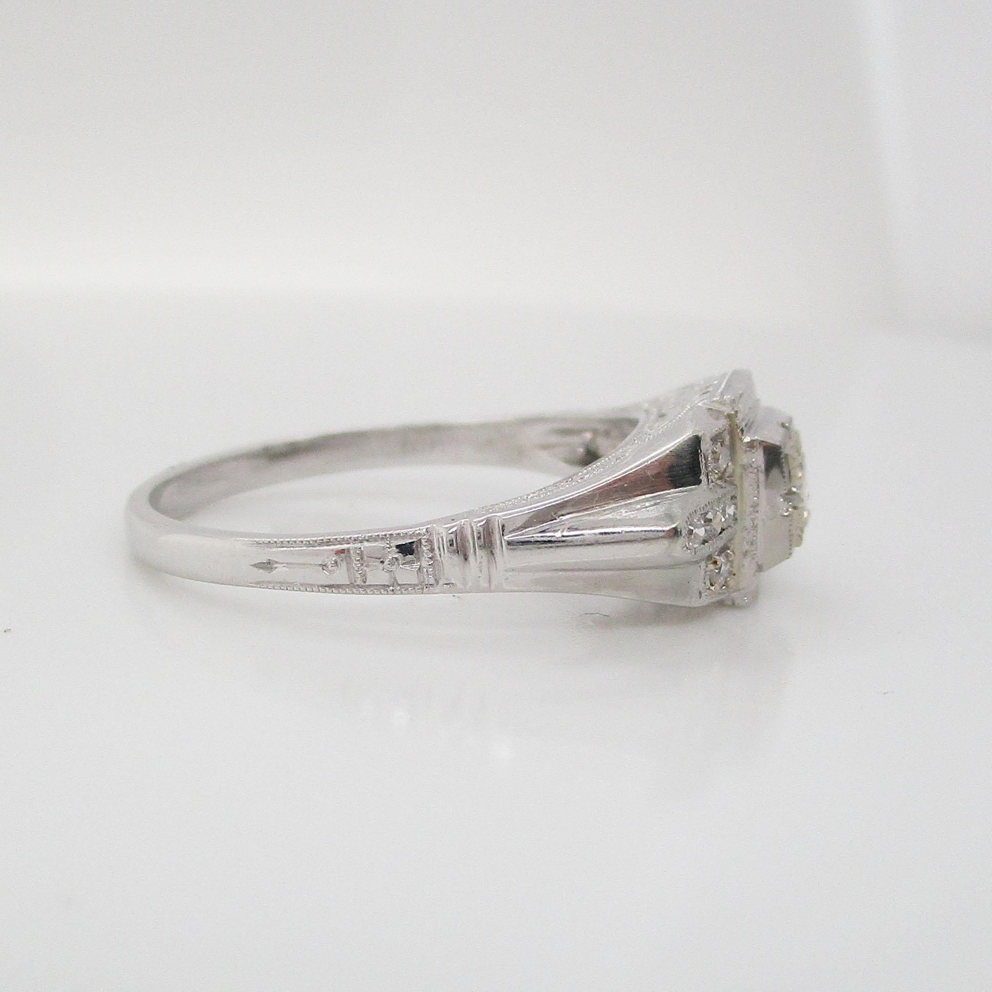Art Deco 18 Karat White Gold Euro Cut Diamond Engagement Ring 1