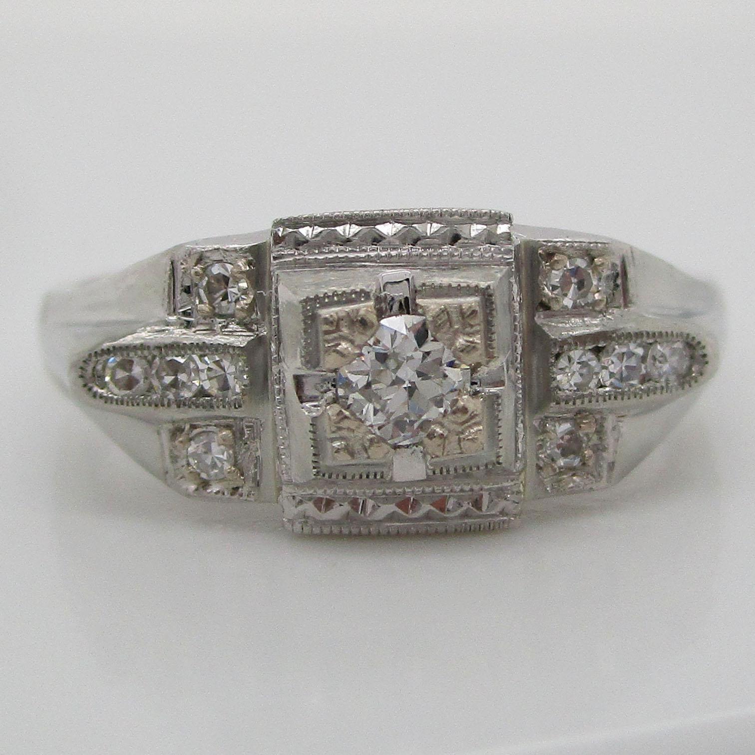 Art Deco 18 Karat White Gold Euro Cut Diamond Engagement Ring 3