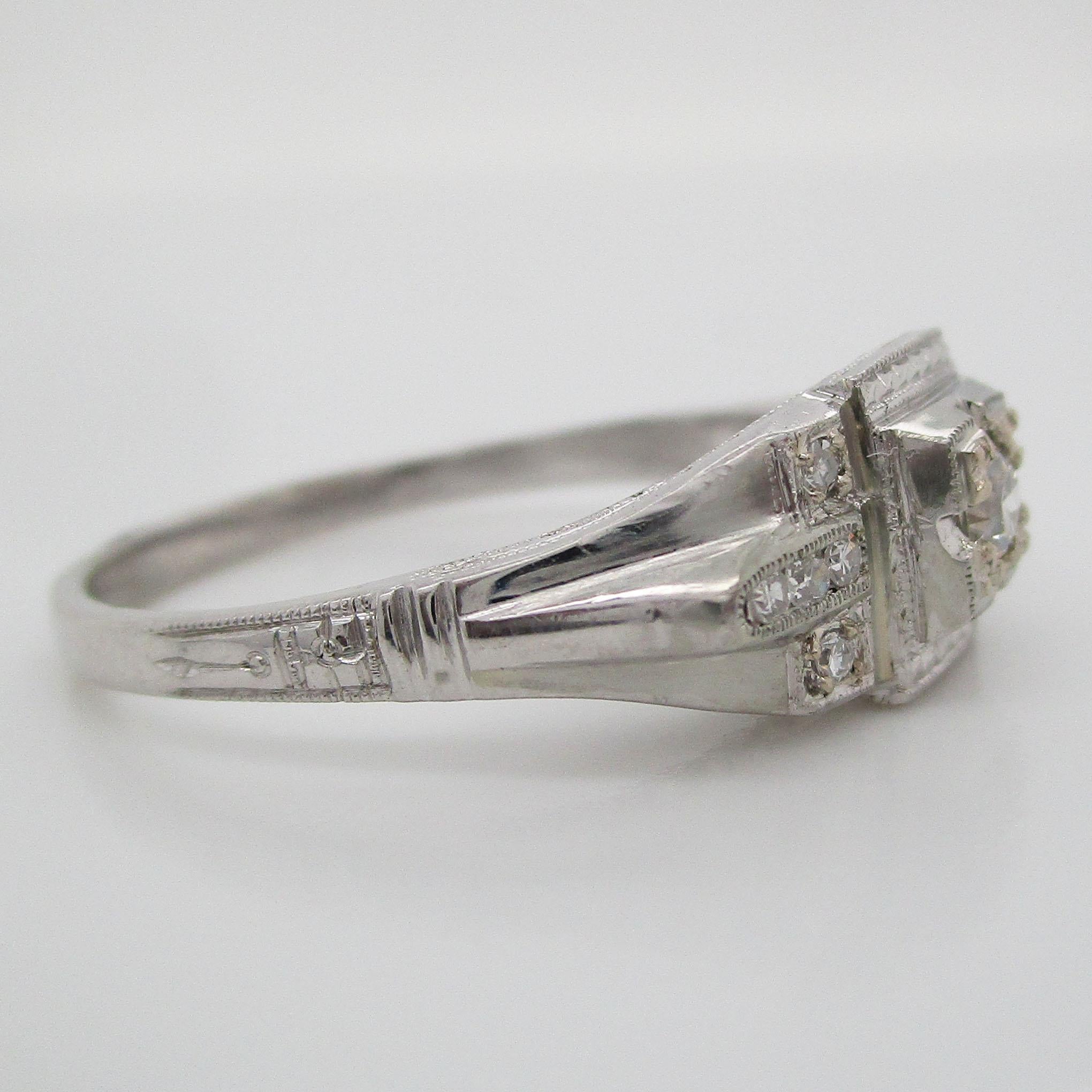 Art Deco 18 Karat White Gold Euro Cut Diamond Engagement Ring 4