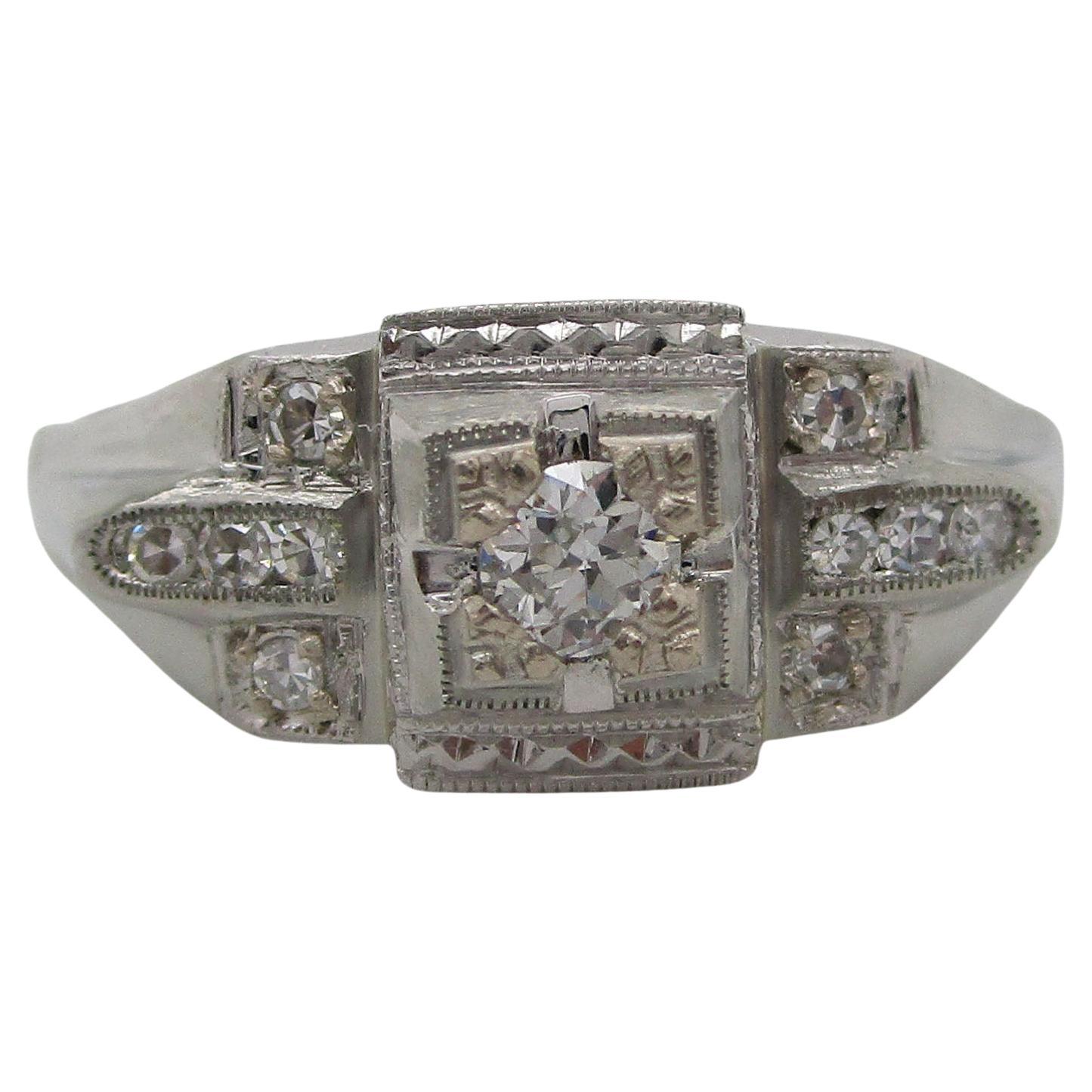 Art Deco 18 Karat White Gold Euro Cut Diamond Engagement Ring