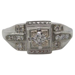 Art Deco 18 Karat White Gold Euro Cut Diamond Engagement Ring