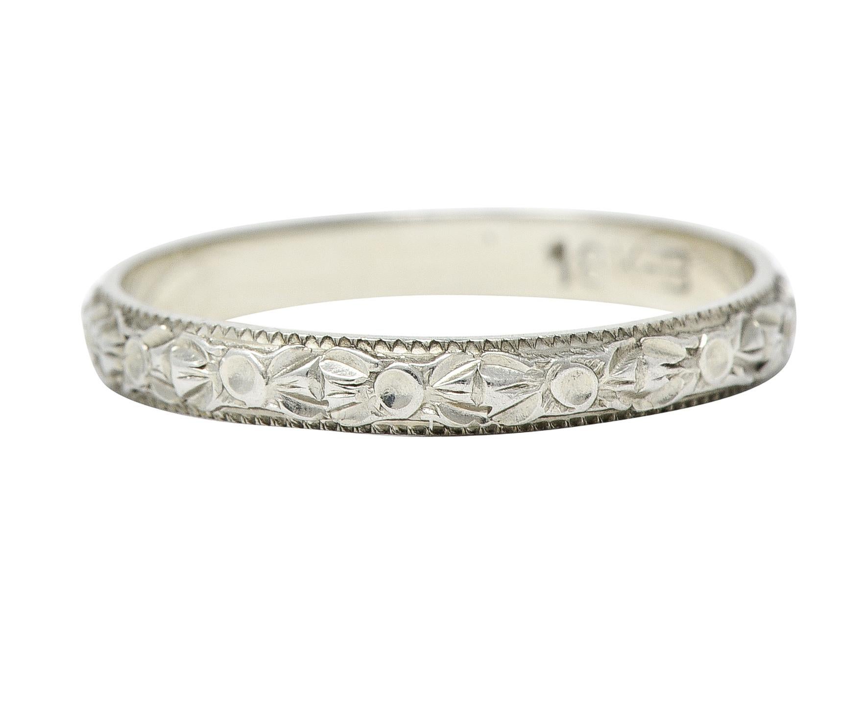 Women's or Men's Art Deco 18 Karat White Gold Floral Orange Blossom Wedding Band Ring