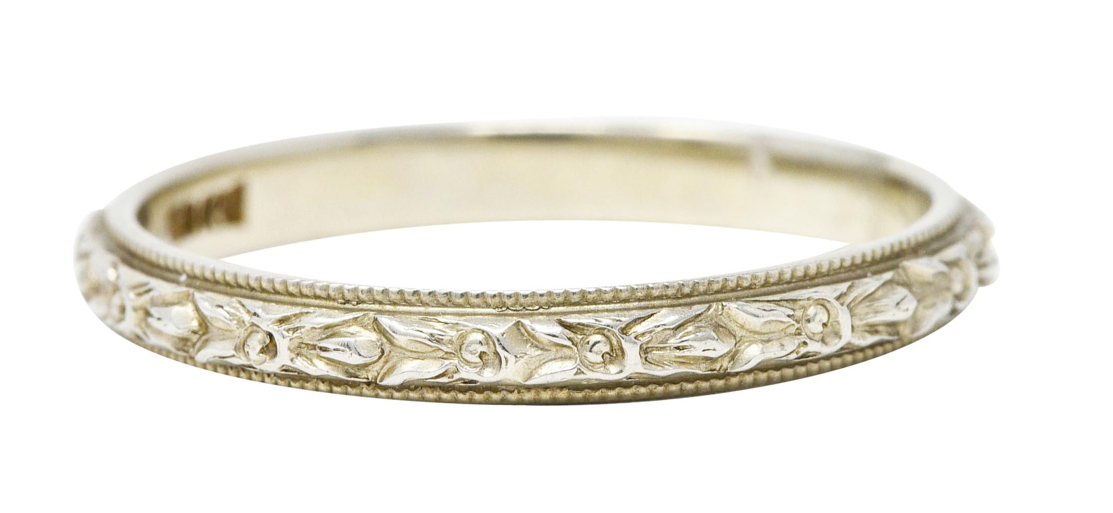 Art Deco 18 Karat White Gold Floral Wedding Band Ring 1