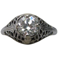 Antique Art Deco 18 Karat White Gold Old Euro Cut Diamond Ring with GIA Report