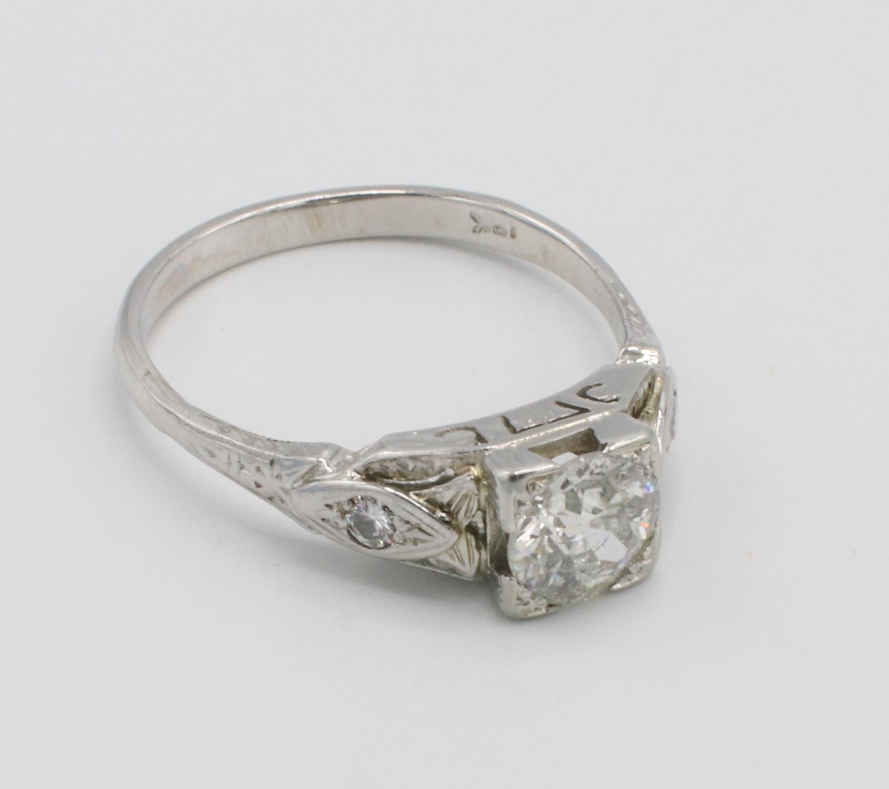 Art Deco 18 Karat White Gold Old European Cut Natural Diamond Engagement Ring In Good Condition For Sale In  Baltimore, MD