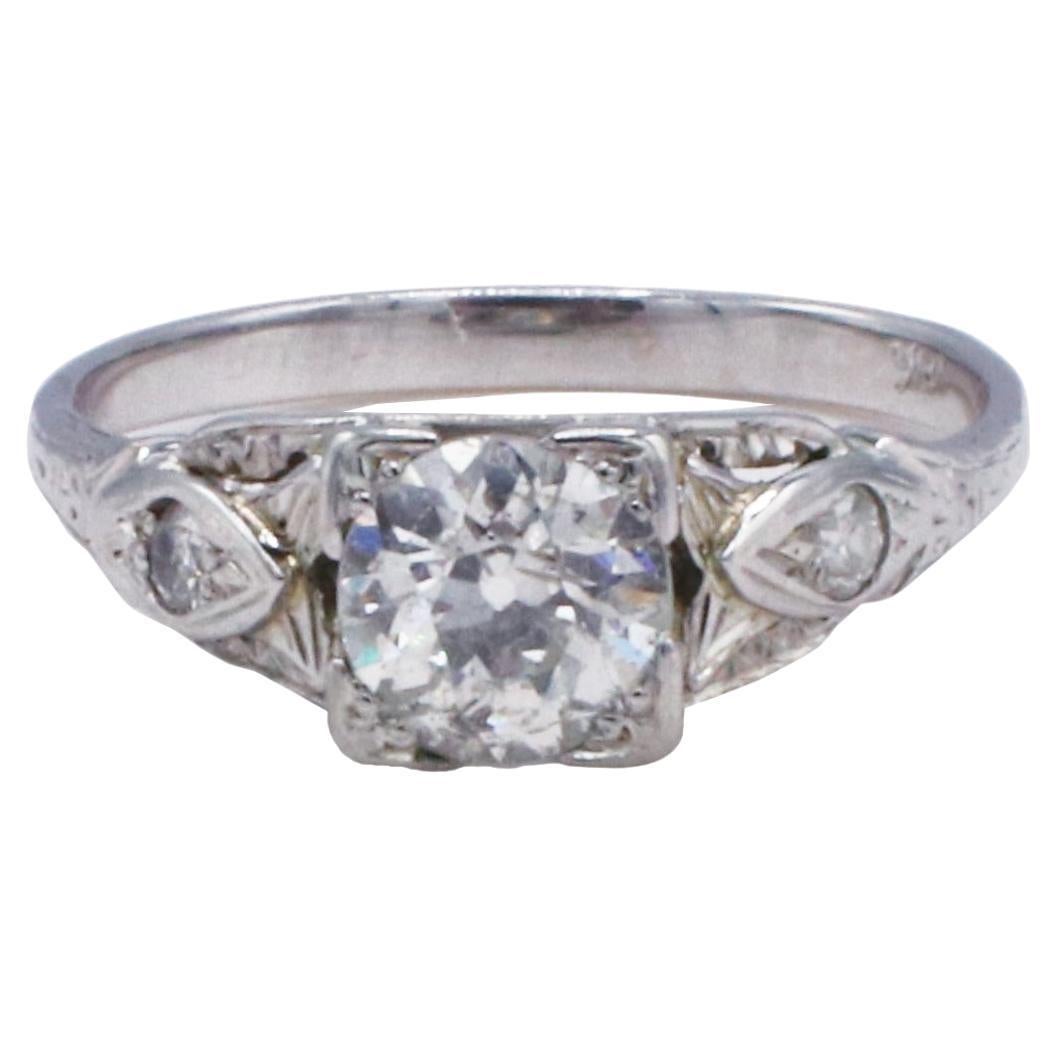 Art Deco 18 Karat White Gold Old European Cut Natural Diamond Engagement Ring For Sale