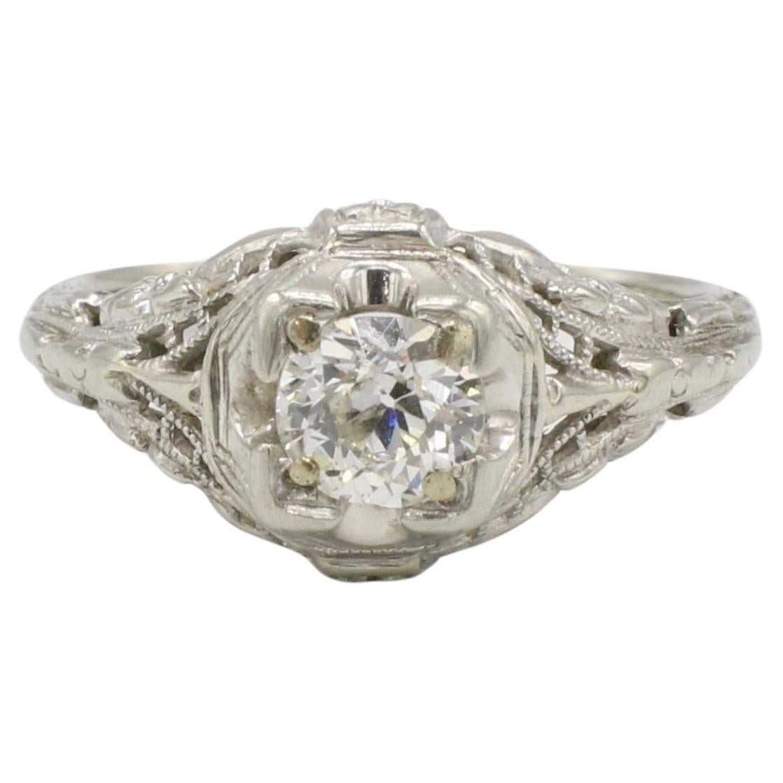Art Deco 18 Karat White Gold Old European Cut Natural Diamond Engagement Ring  For Sale