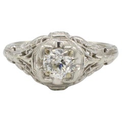 Antique Art Deco 18 Karat White Gold Old European Cut Natural Diamond Engagement Ring 