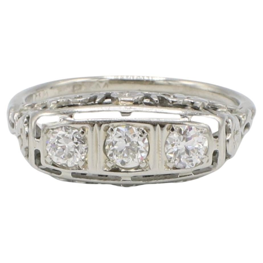 Art Deco 18 Karat White Gold Old European Cut Natural Diamond Three-Stone Ring For Sale