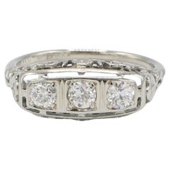 Art Deco 18 Karat White Gold Old European Cut Natural Diamond Three-Stone Ring