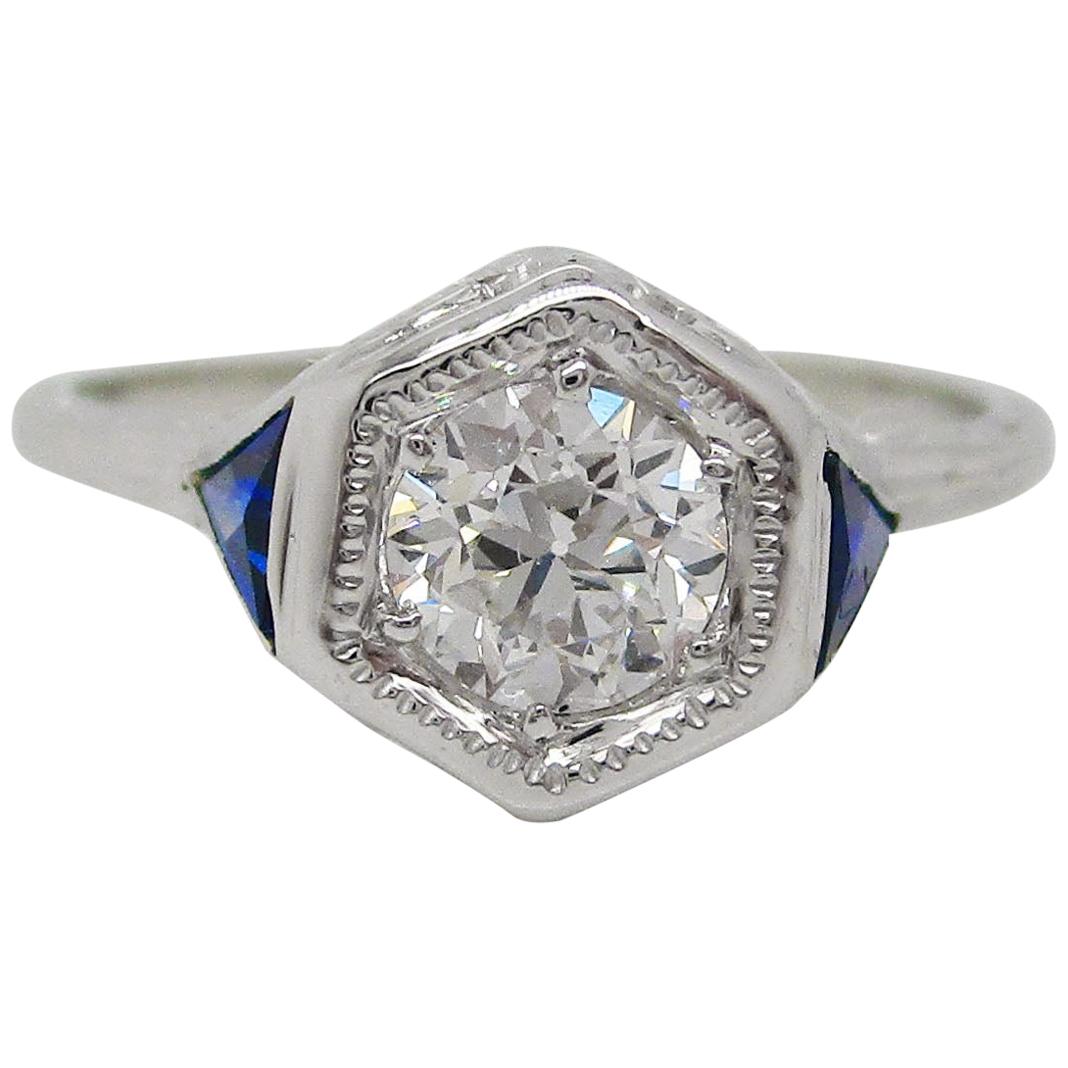 Art Deco 18 Karat White Gold Old Mine Cut Diamond Sapphire Engagement Ring