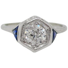 Antique Art Deco 18 Karat White Gold Old Mine Cut Diamond Sapphire Engagement Ring