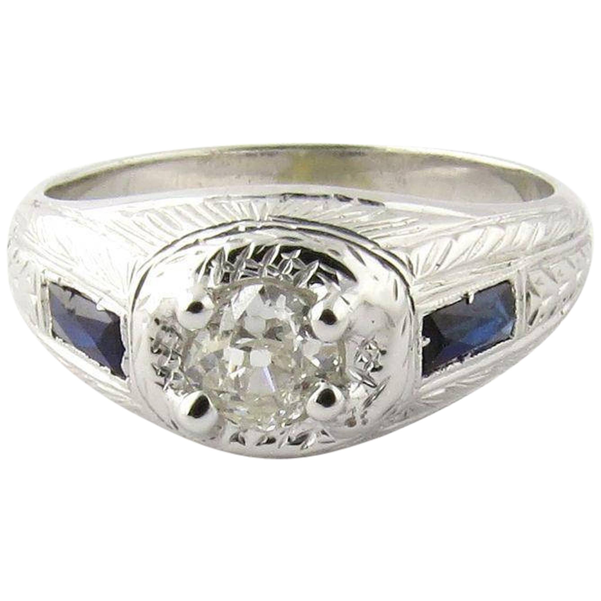 Art Deco 18 Karat White Gold Old Mine Diamond and Sapphire Ring