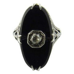 Art Deco 18 Karat White Gold Onyx and Diamond Ring