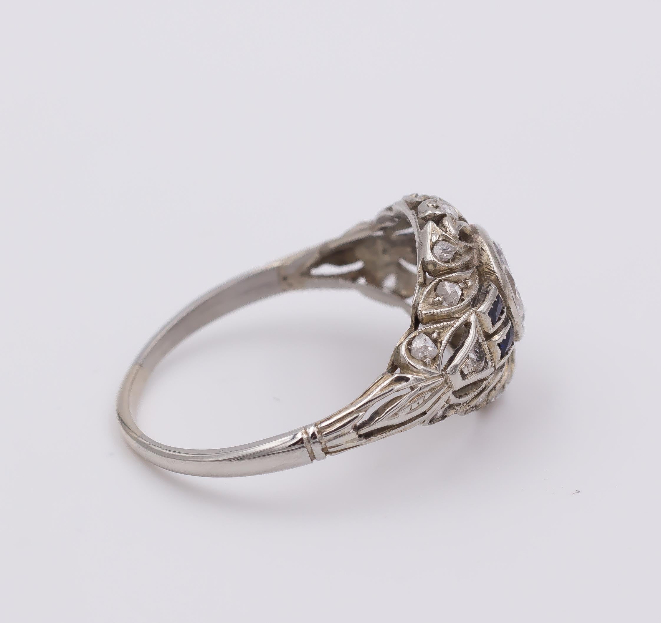 Rose Cut Art Deco 18 Karat White Gold, Sapphire and Diamond Ring, 1930s