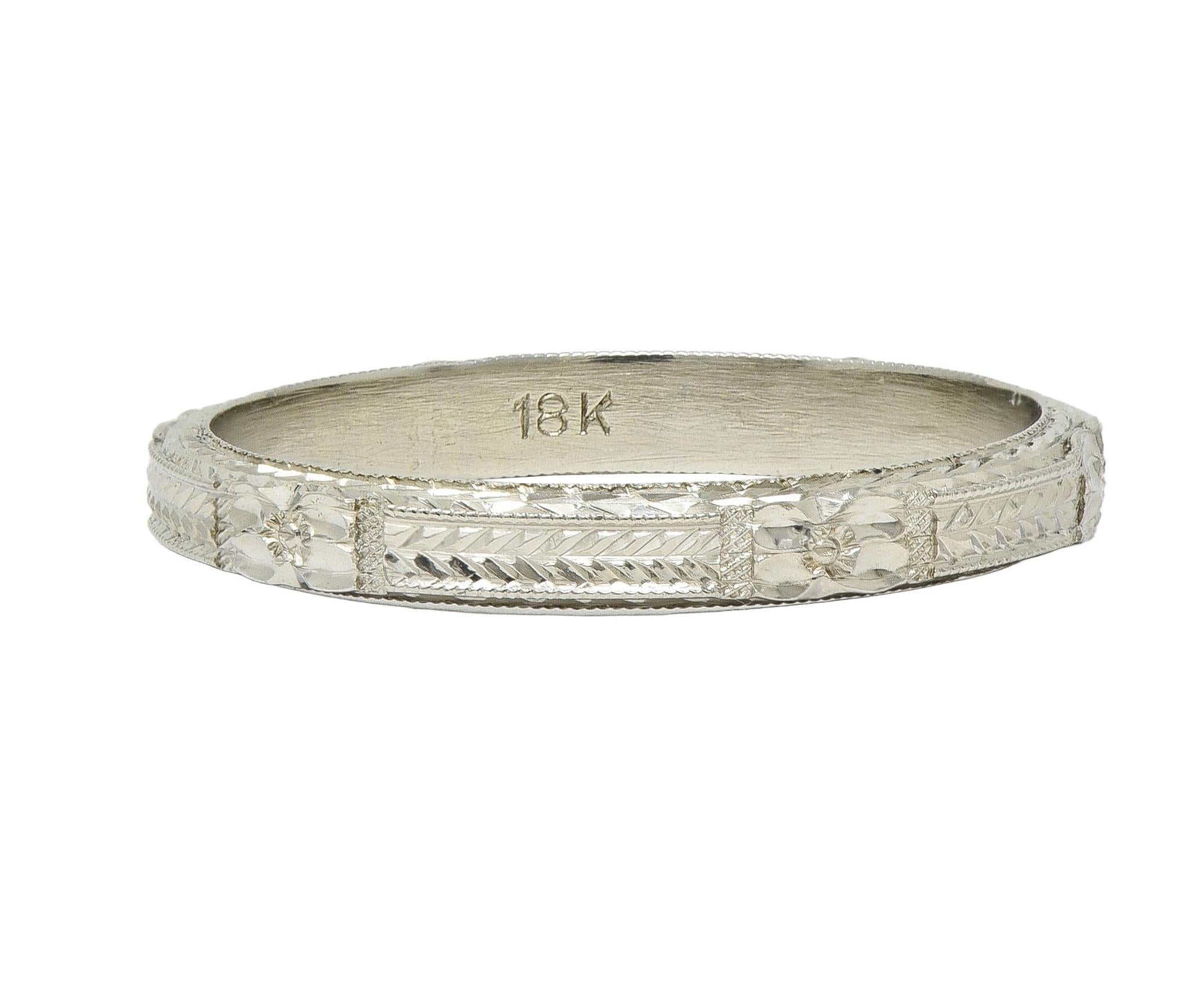 Art Deco 18 Karat Weißgold Vintage Weizen Orange Blossom Hochzeit Band Ring im Zustand „Hervorragend“ im Angebot in Philadelphia, PA