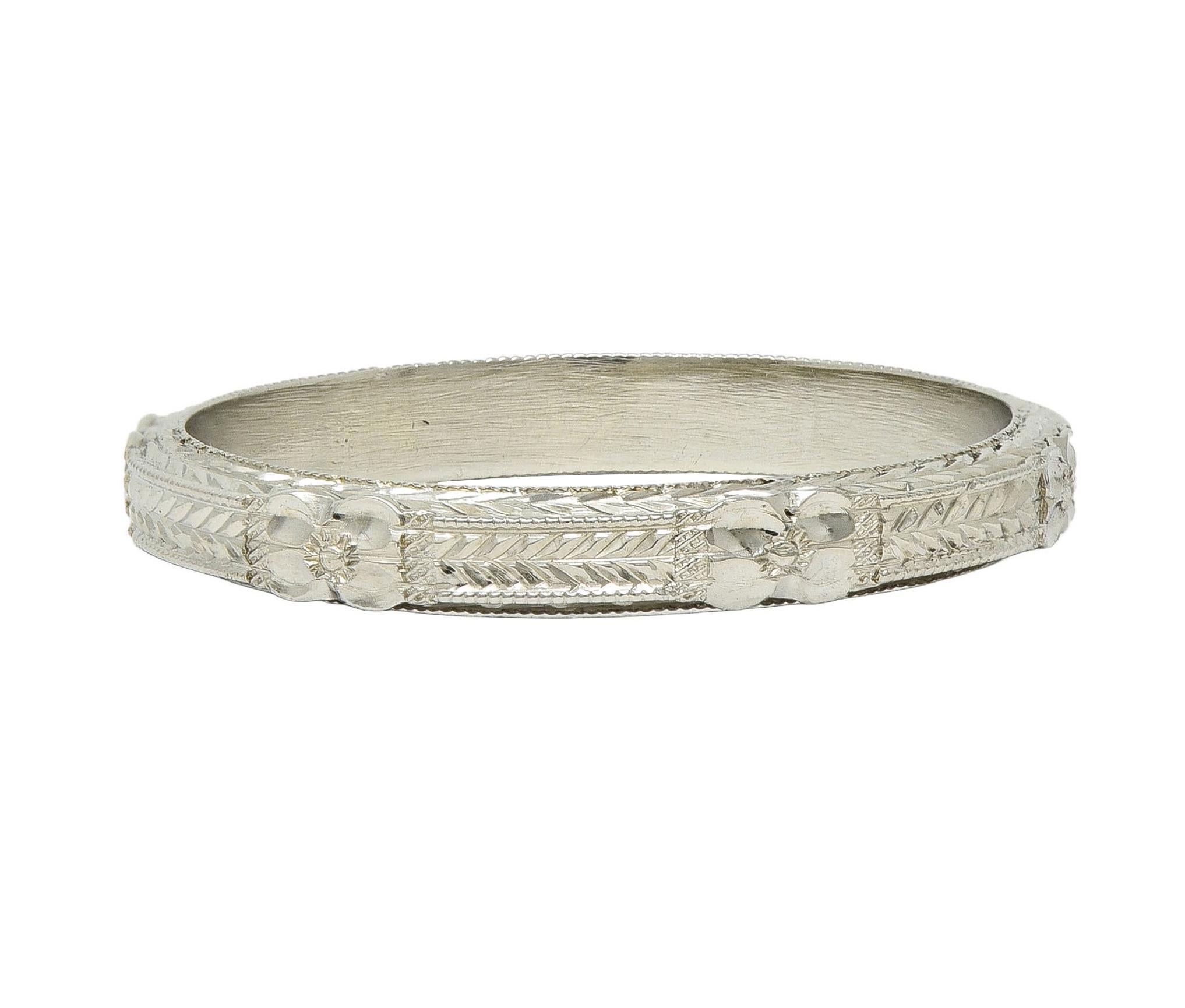 Art Deco 18 Karat Weißgold Vintage Weizen Orange Blossom Hochzeit Band Ring im Angebot 1