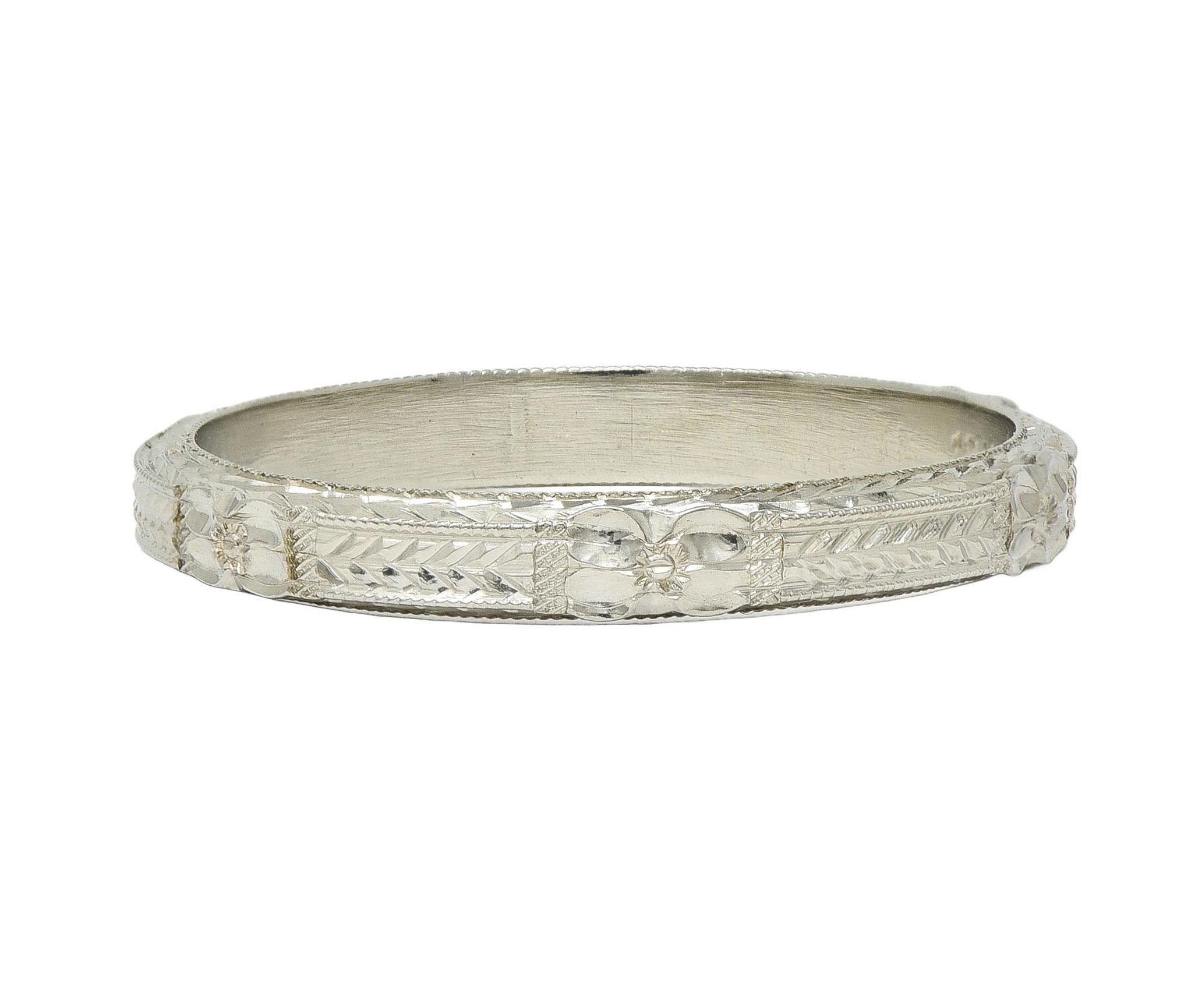 Art Deco 18 Karat Weißgold Vintage Weizen Orange Blossom Hochzeit Band Ring im Angebot 3