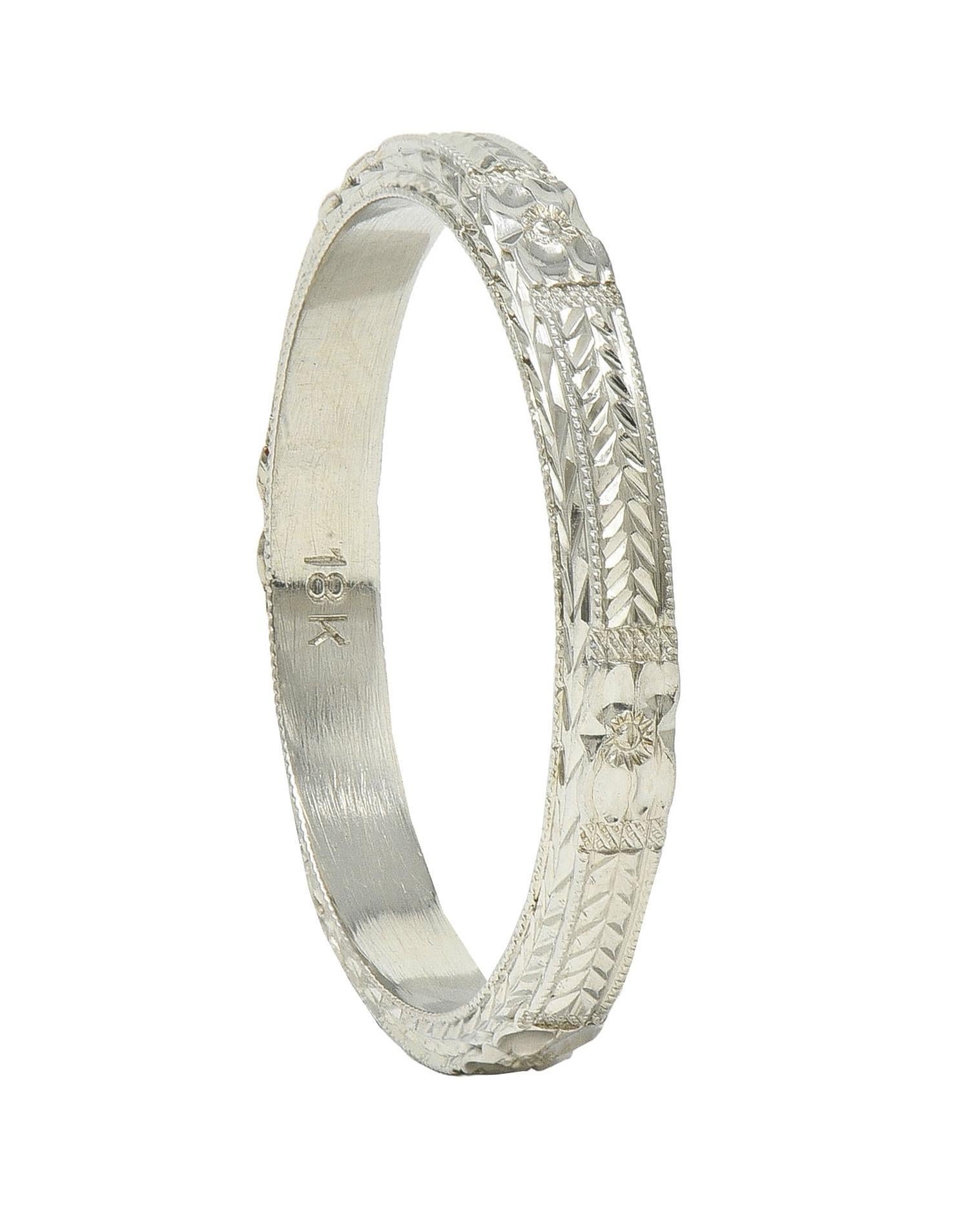Art Deco 18 Karat Weißgold Vintage Weizen Orange Blossom Hochzeit Band Ring im Angebot 4