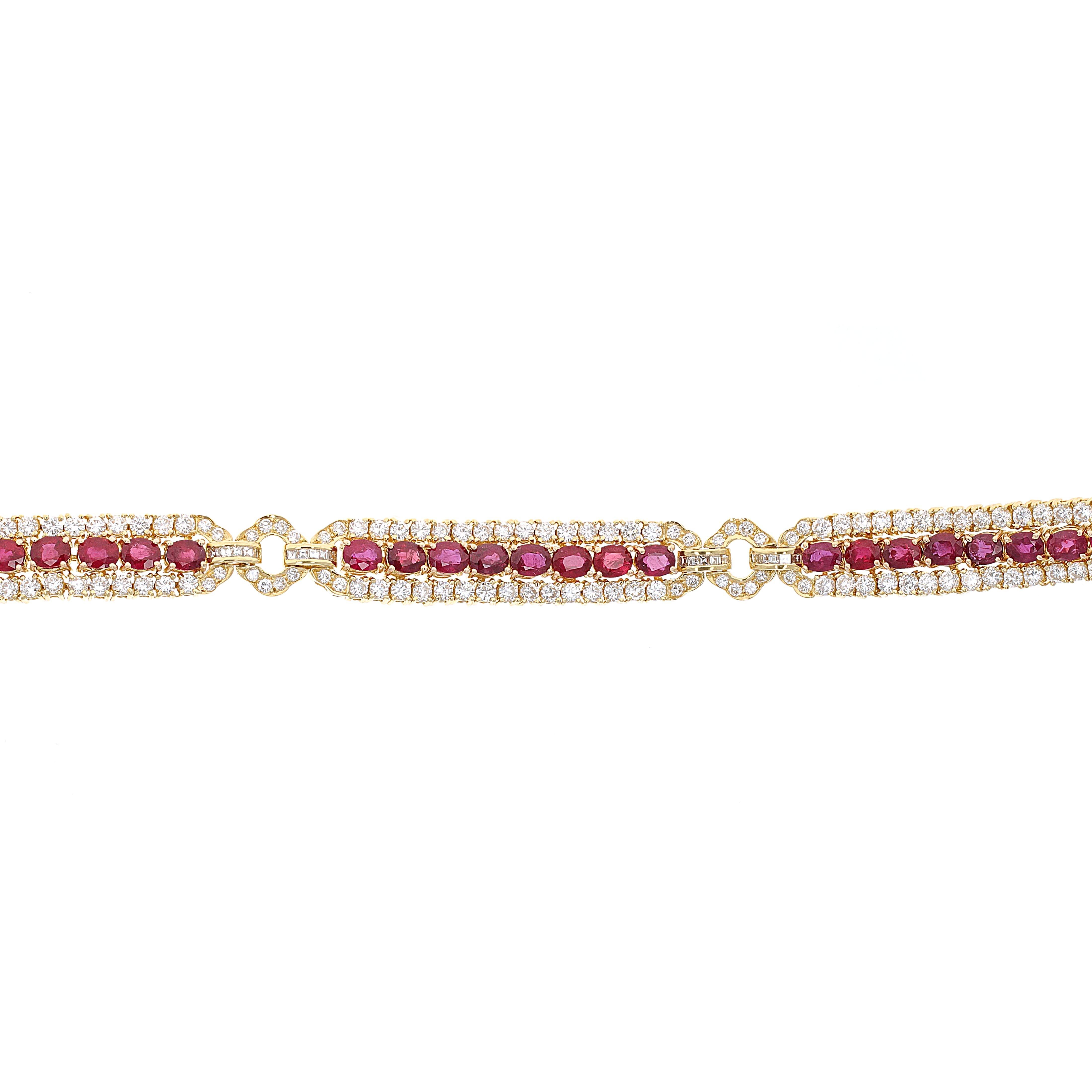 Art Deco style 18 karat yellow gold diamond and ruby tennis link bracelet. This bracelet is beautifully crafted and in excellent condition. There are 24 bright red oval shaped rubies weighing an estimated 12 carat total weight. There are 169 round