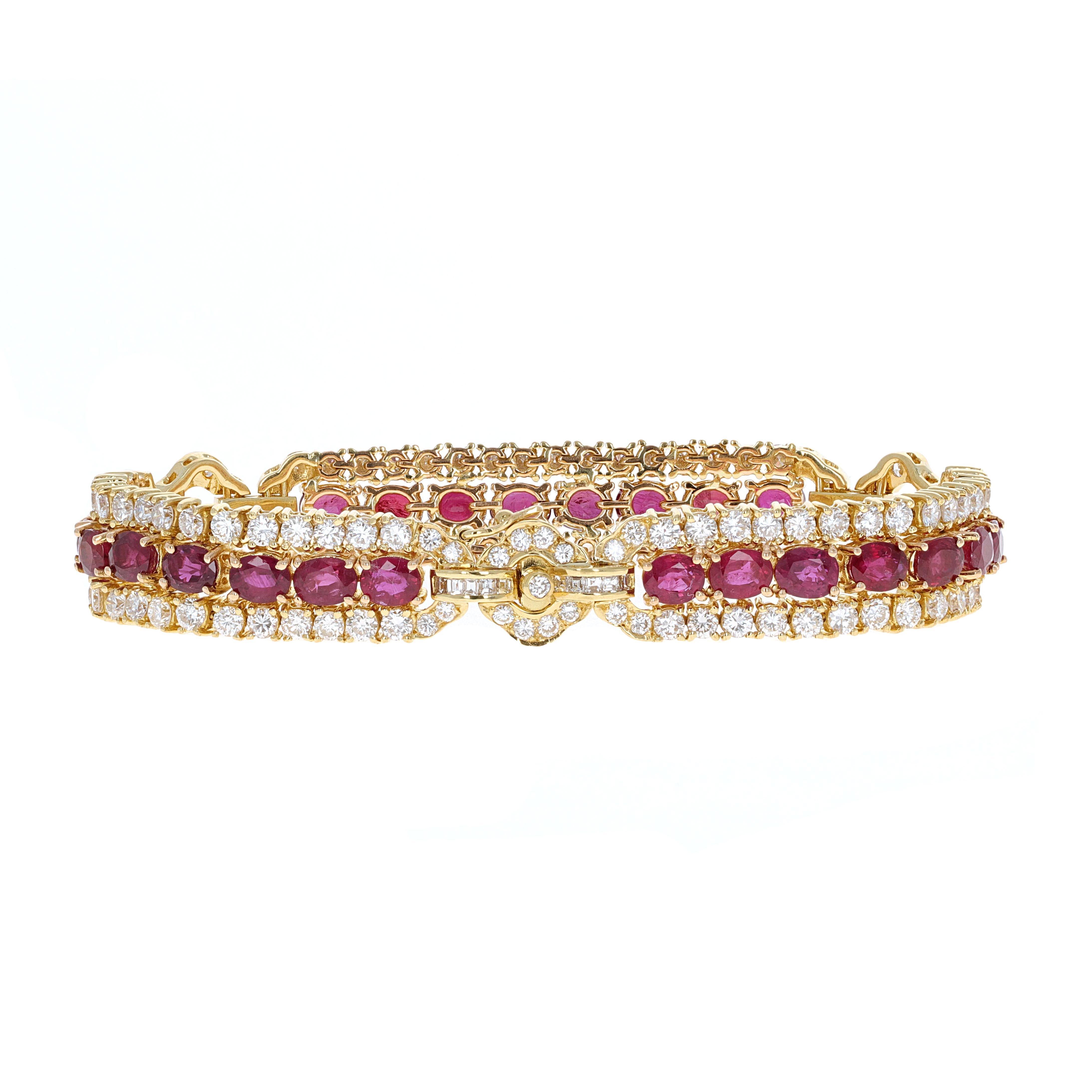 Art Deco Style 18 Karat Yellow Gold 6ct Diamond and 12ct Ruby Tennis Bracelet In Excellent Condition In Beverly Hills, CA