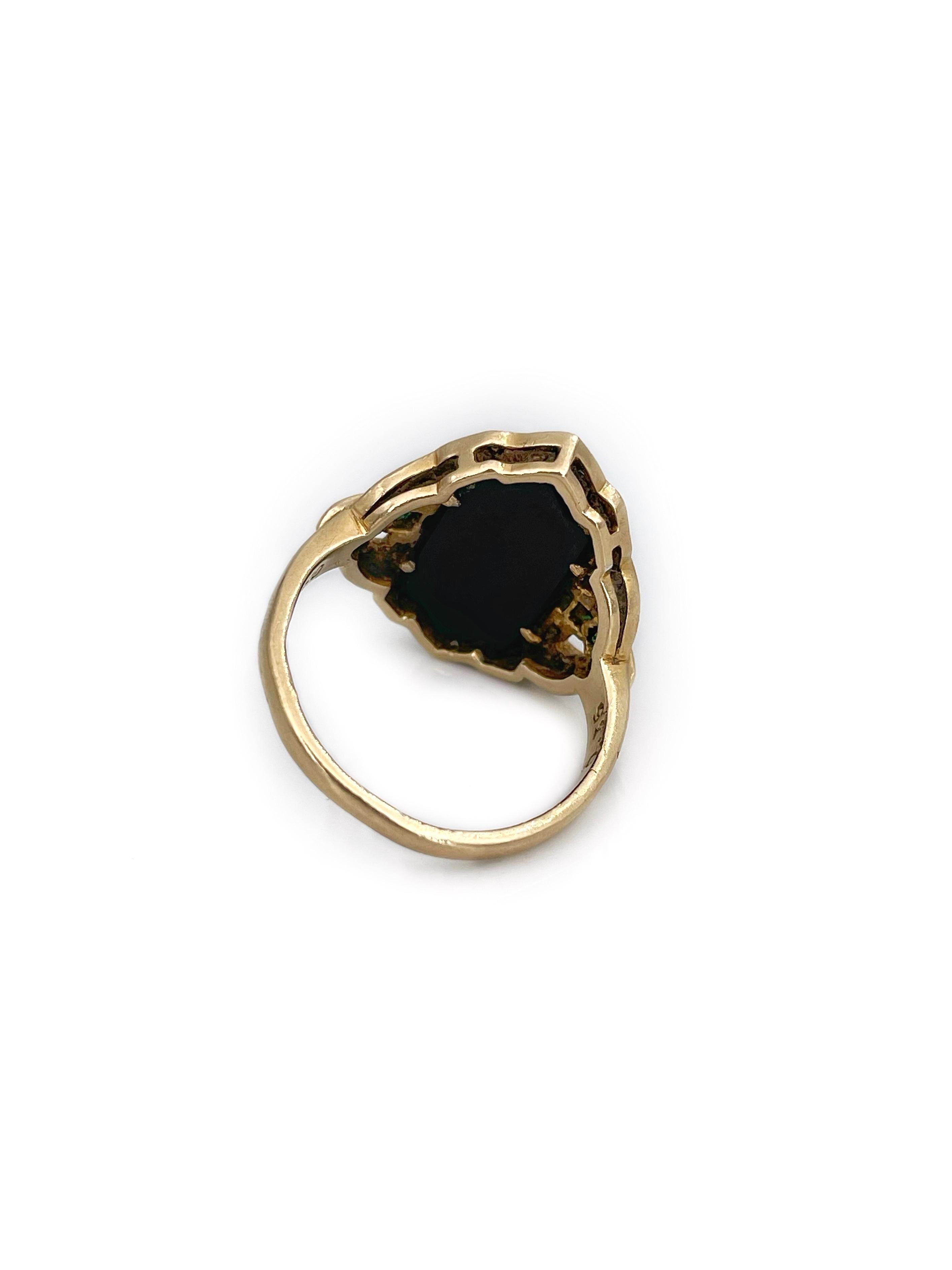 Mixed Cut Art Deco 18 Karat Yellow Gold 0.27 Carat Diamond 0.14ct Emerald Onyx Shield Ring