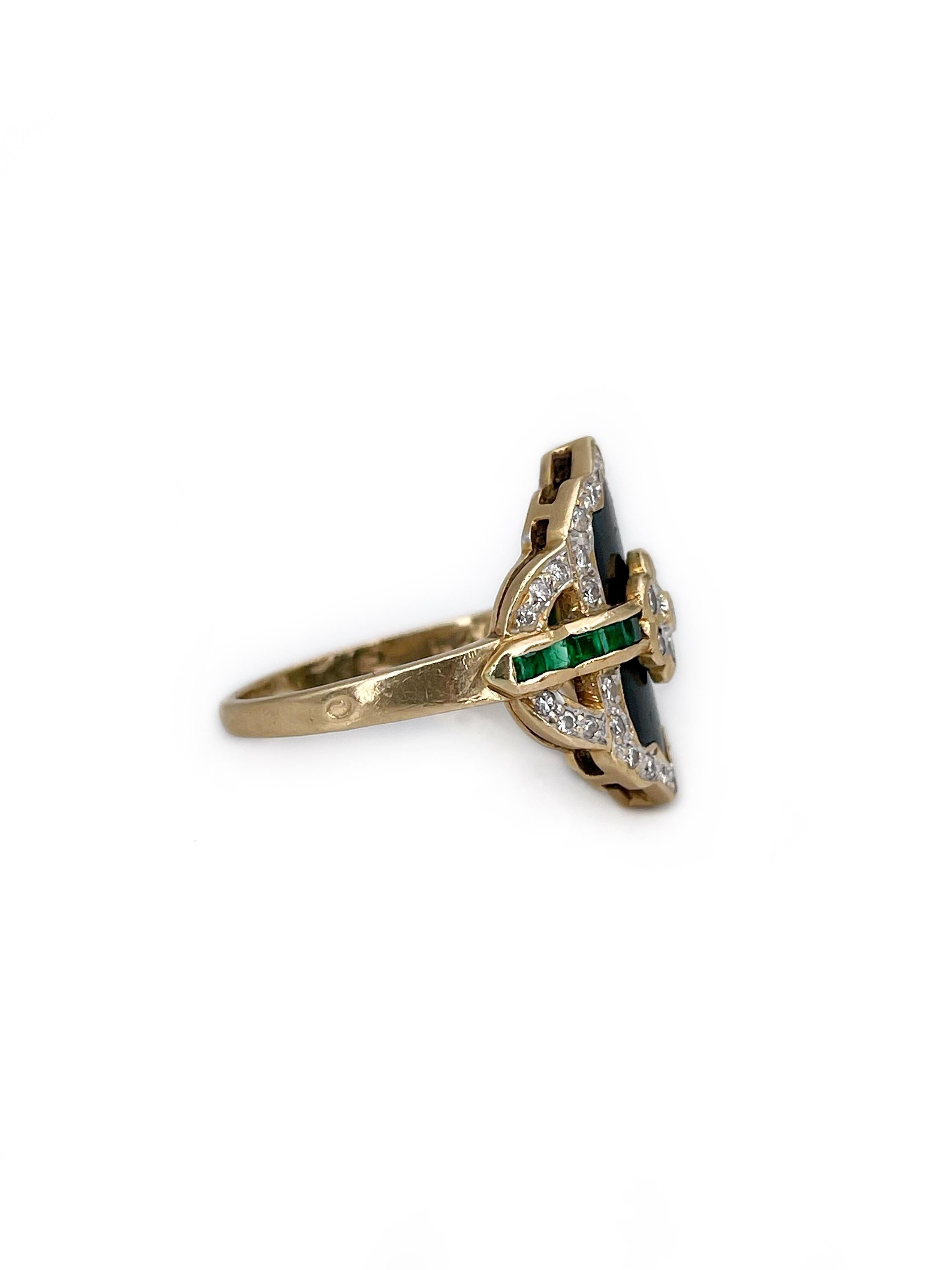 Art Deco 18 Karat Yellow Gold 0.27 Carat Diamond 0.14ct Emerald Onyx Shield Ring In Good Condition In Vilnius, LT
