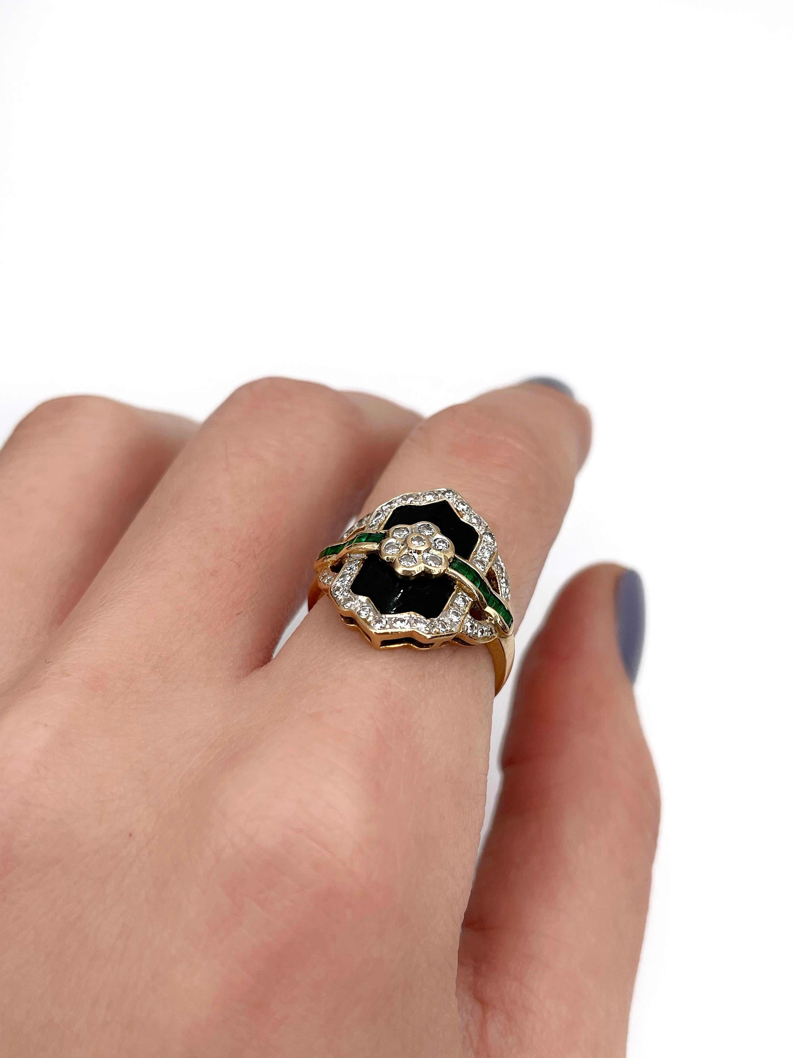 Women's Art Deco 18 Karat Yellow Gold 0.27 Carat Diamond 0.14ct Emerald Onyx Shield Ring