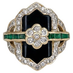 Antique Art Deco 18 Karat Yellow Gold 0.27 Carat Diamond 0.14ct Emerald Onyx Shield Ring