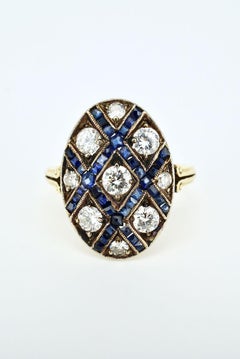 Art Deco 18 Karat Yellow Gold Diamond Sapphire Oval Lattice Ring